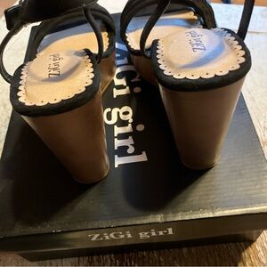 ZIGI girl Black Suede Ankle Strap Platform Block Heels with Tan Wood-Look Heel